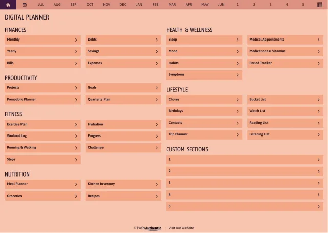 The planner’s dashboard page in the Abundant Brilliance colorway — tappable section rows under the month navigation bar.