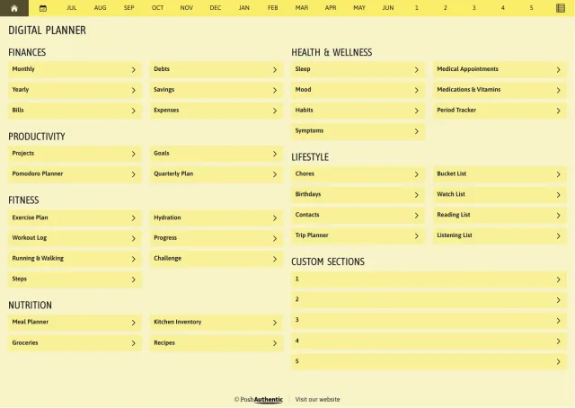 The planner’s dashboard page in the Yellow colorway — tappable section rows under the month navigation bar.