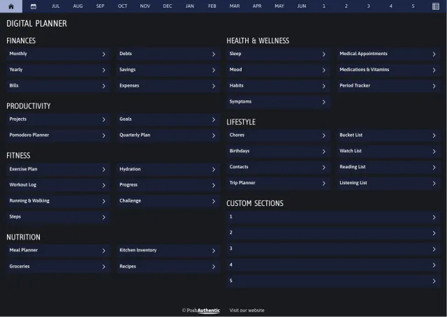 The planner’s dashboard page in the Blue dark mode colorway — tappable section rows under the month navigation bar.