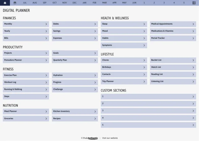 The planner’s dashboard page in the Blue colorway — tappable section rows under the month navigation bar.