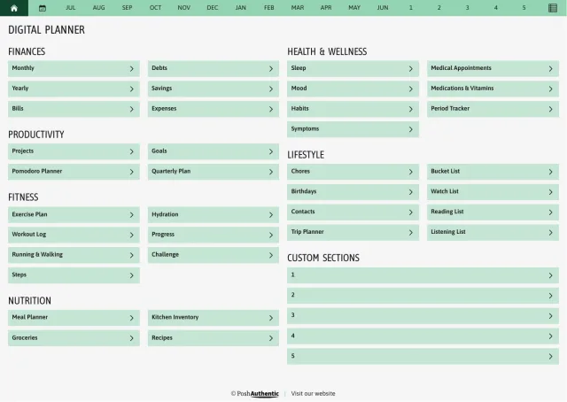 The planner’s dashboard page in the Green colorway — tappable section rows under the month navigation bar.