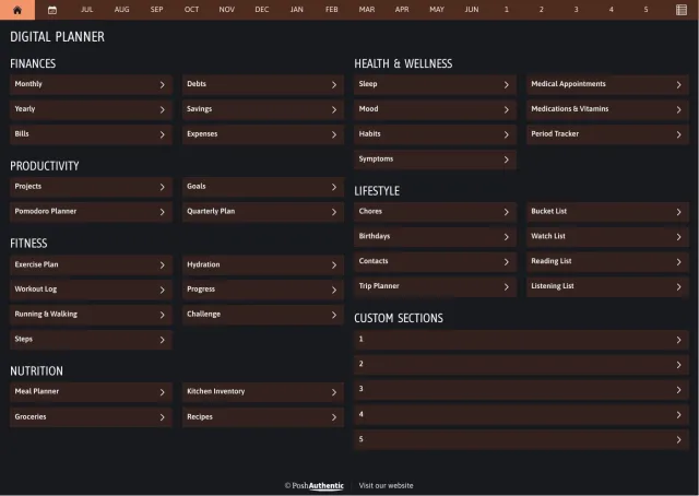 The planner’s dashboard page in the Orange dark mode colorway — tappable section rows under the month navigation bar.