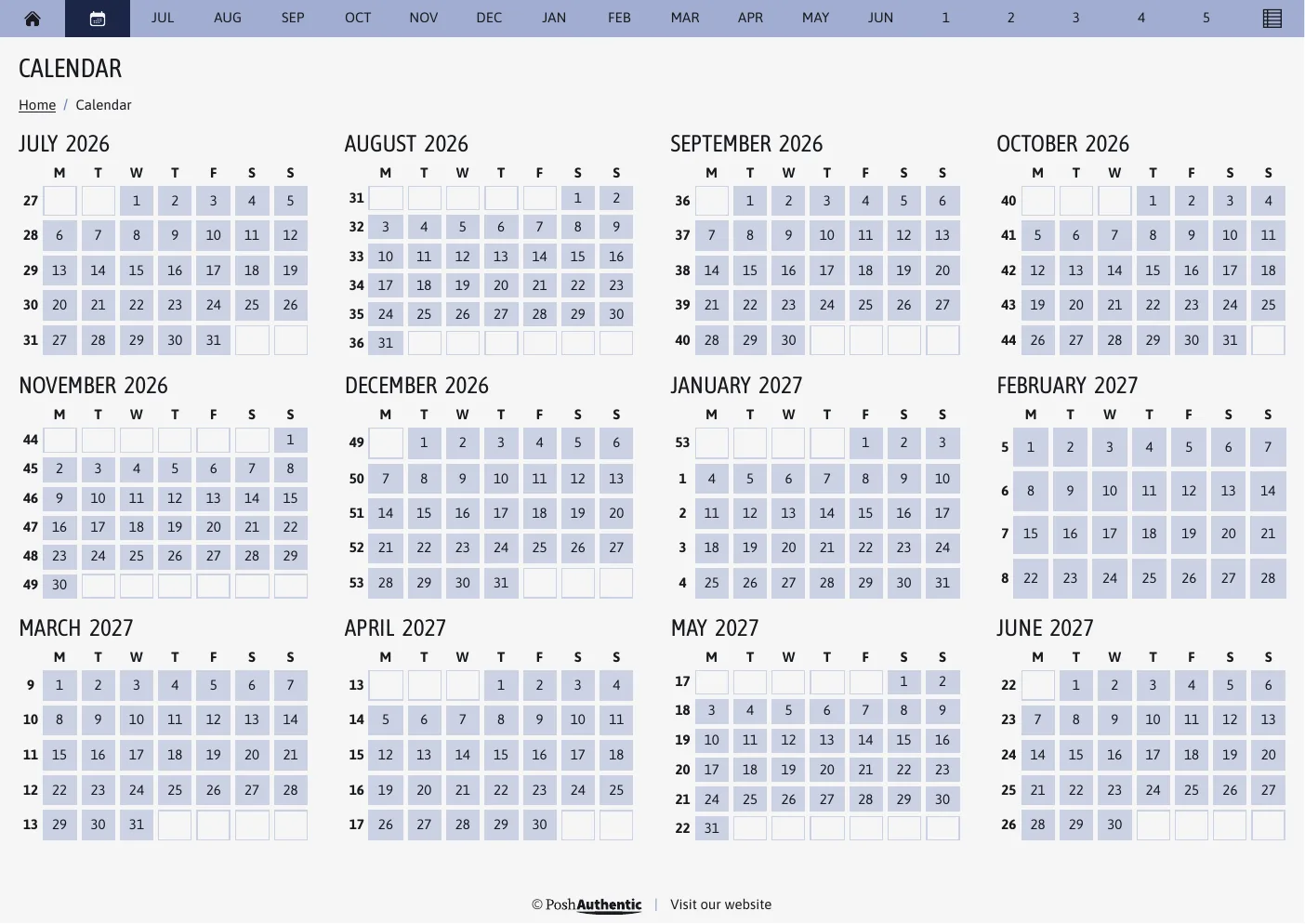 The year overview: all twelve months of 2026 laid out as small calendars in a four-by-three grid, with week numbers running down the left edge of each month.